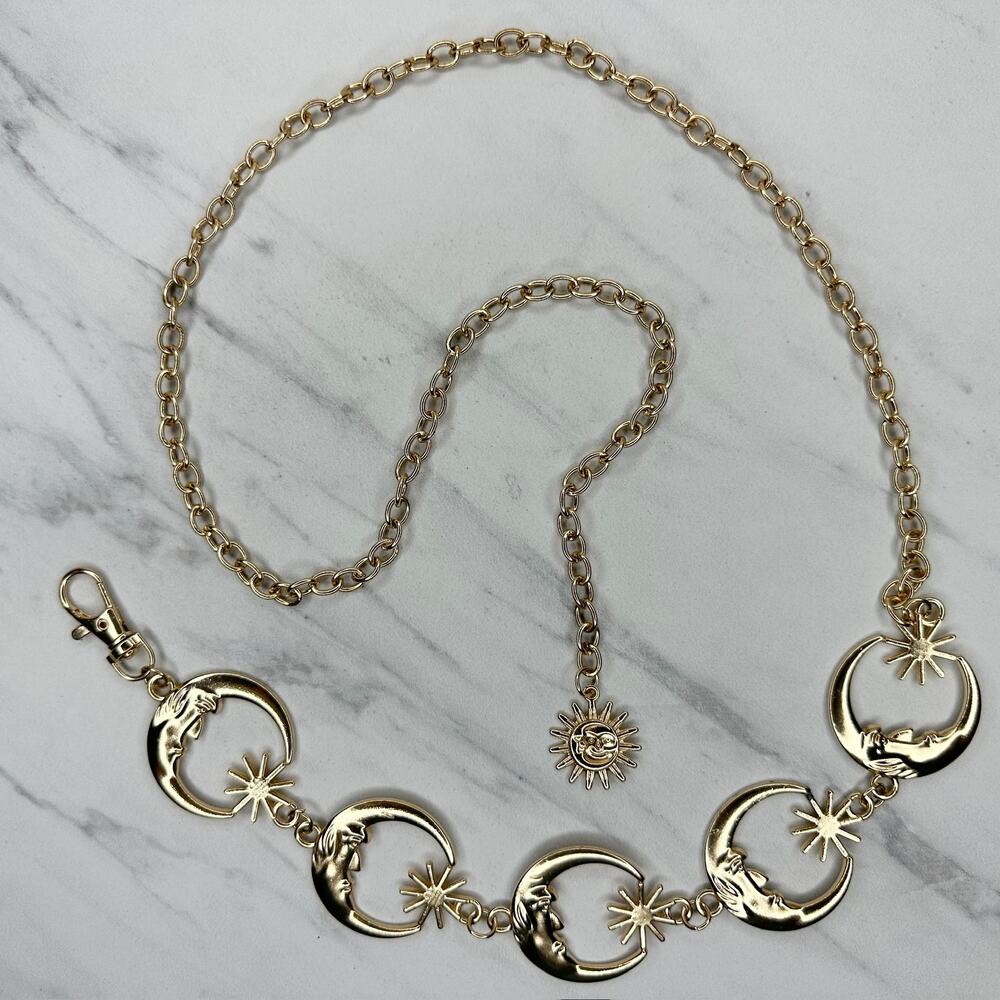 Gold Tone Celestial Crescent Moon Face Star Chain Belt Sun Charm One Size (OS) ✨